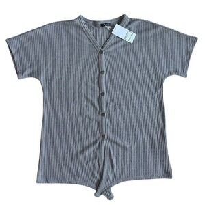Miholl Shirt Womens L Gray Waffle Knit‎ Front Tie Short Sleeve Cool Top